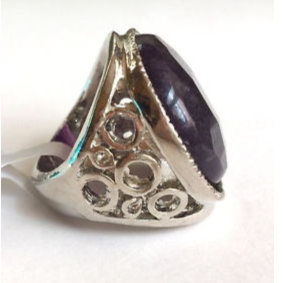 Silver Amethyst Deco Cocktail Ring Size 5 7 8 9 10 Natural Stone Purple Plated - Picture 3 of 8